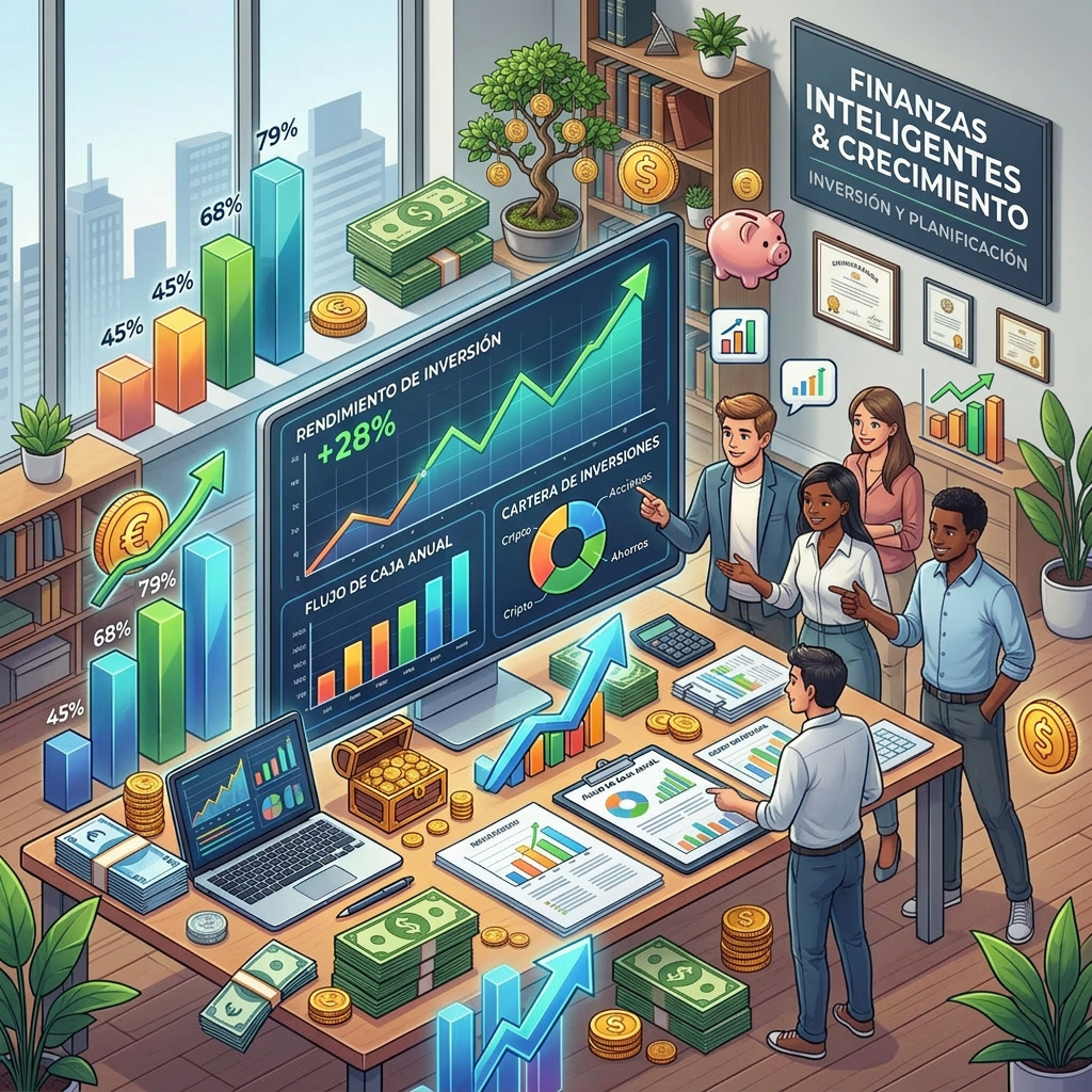 People reviewing charts showing 28% investment return, annual cash flow, and investment portfolio